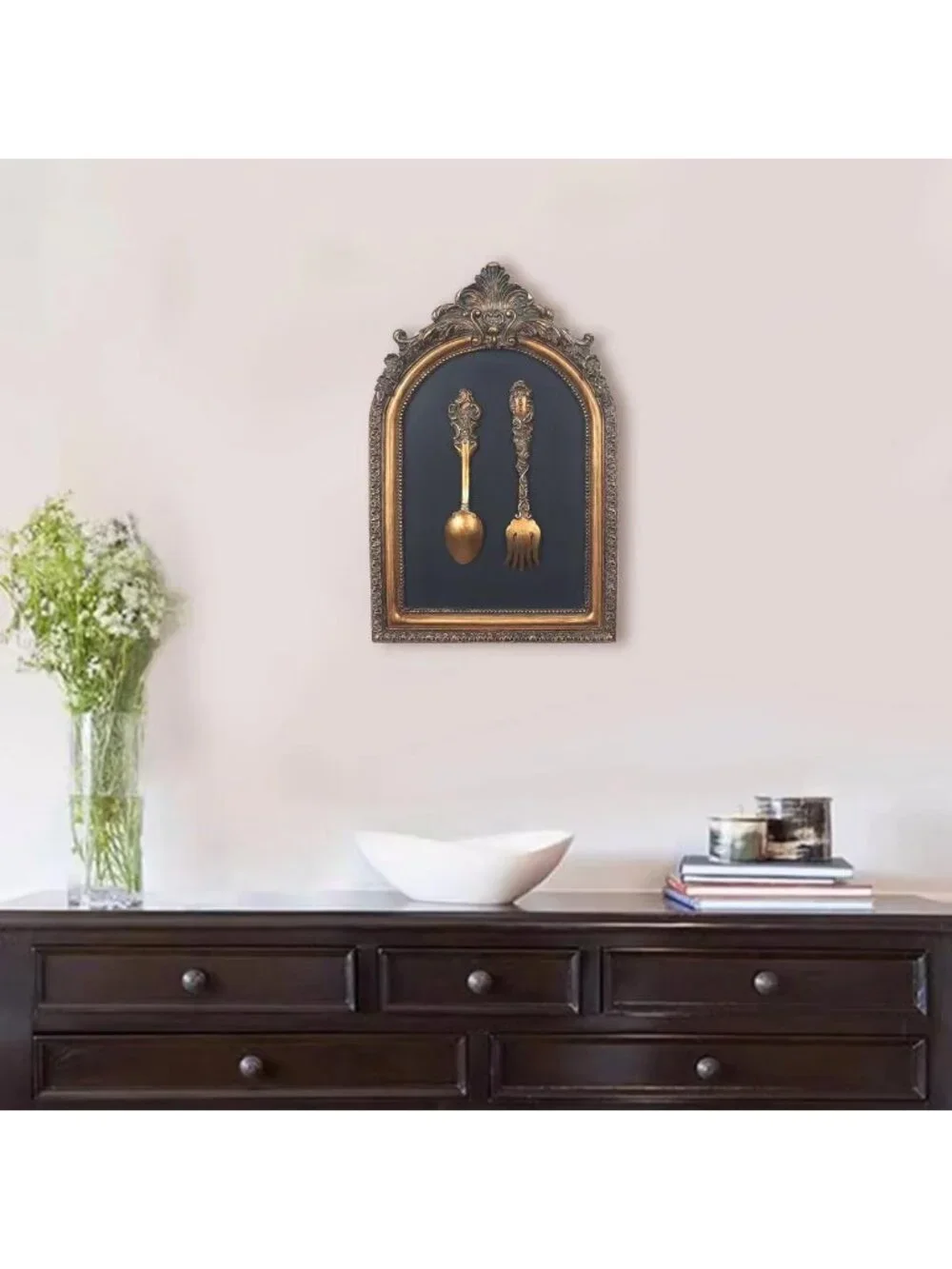 Vintage Wall Sculpture - Antique Pediment Art, Hand-Painted Fork & Spoon Décor